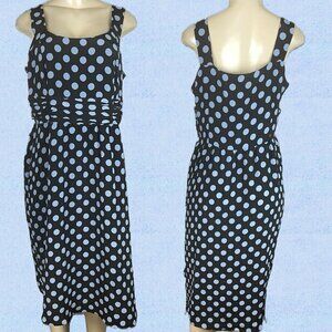 Dana Kay 12 Black Polka-Dot Blue Layered Detail Waistband Below Knee Sun Dress